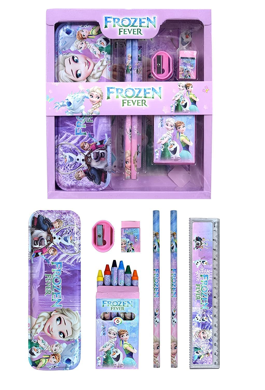 Multicolor Frozen Fever school supply kit for children, featuring Elsa and Anna on pencils, pencil case, sharpener, eraser, ruler, and crayons. Complete stationery set for young fans. www.usmile.toys